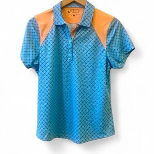 Bermuda Sands Golf Polo Women’s Sz Medium Blue Floral Pattern Orange Collar